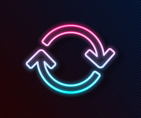 Glowing neon line Refresh icon isolated on black background. Reload symbol. Rotation arrows in a circle sign. Vector Illustration