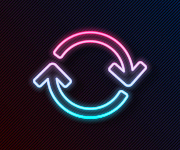 Glowing neon line Refresh icon isolated on black background. Reload symbol. Rotation arrows in a circle sign. Vector Illustration Glowing neon line Refresh icon isolated on black background. Reload symbol. Rotation arrows in a circle sign. Vector Illustration repetition stock illustrations