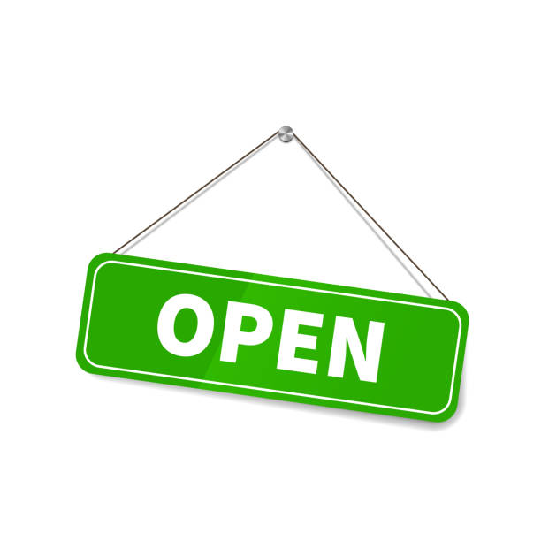 istock Bright glossy Open sign hanging on the rope for shop door on white 1256667017