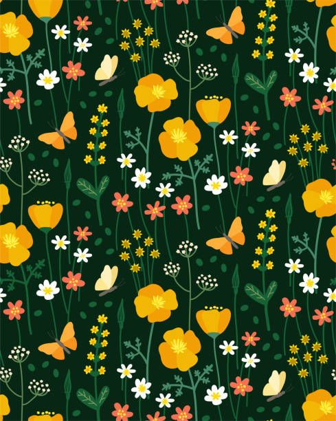 Floral vector pattern Cute seamless floral vector pattern for wallpaper, textile. Wildflowers with butterflies on a green background california golden poppy stock illustrations