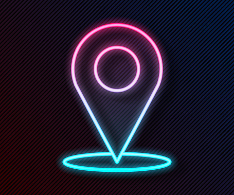 Glowing neon line Map pin icon isolated on black background. Navigation, pointer, location, map, gps, direction, place, compass, search concept. Vector Illustration