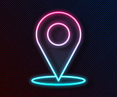 istock Glowing neon line Map pin icon isolated on black background. Navigation, pointer, location, map, gps, direction, place, compass, search concept. Vector Illustration 1256667416