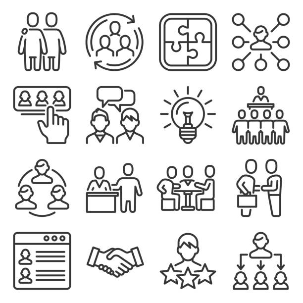 ilustrações de stock, clip art, desenhos animados e ícones de people communication, collaboration and relationship icons set. line style vector - coherence