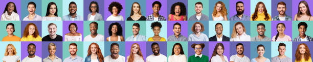 istock Multiracial Happy People Faces On Violet And Turquoise Backgrounds 1256670269