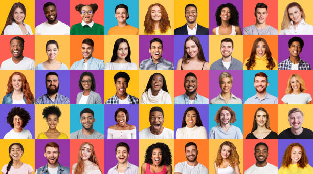 Set Of Mixed Race People Portraits Smiling On Different Backgrounds Diversity. Set Of Mixed Race People Portraits Smiling To Camera On Different Colorful Backgrounds. Panorama mosaic stock pictures, royalty-free photos & images