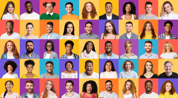 set of mixed race people portraits smiling on different backgrounds - people imagens e fotografias de stock