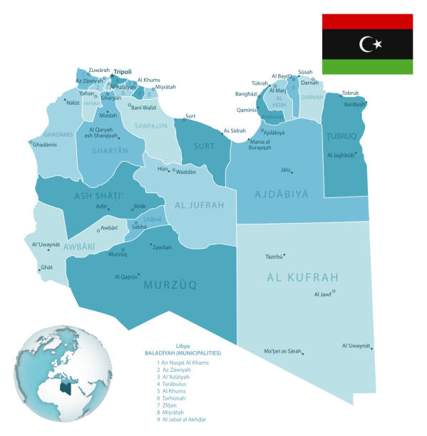 illustrazioni stock, clip art, cartoni animati e icone di tendenza di libia administrative blu-verde mappa con bandiera paese e posizione su un globo. - libyan flag