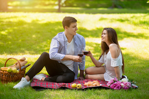 Young married couple drinking wine on summer picnic in countryside