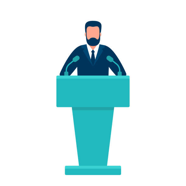 Man in conference suit on podium, tribune. Speech by people leader, businessman, head, teacher. Presidential debate, political elections. Vector illustration Man in conference suit on podium, tribune. Speech by people leader, businessman, head, teacher. Presidential debate, political elections. Vector flat illustration presentation speech backgrounds stock illustrations