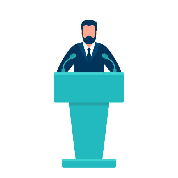 Man in conference suit on podium, tribune. Speech by people leader, businessman, head, teacher. Presidential debate, political elections. Vector illustration Man in conference suit on podium, tribune. Speech by people leader, businessman, head, teacher. Presidential debate, political elections. Vector flat illustration man at podium stock illustrations