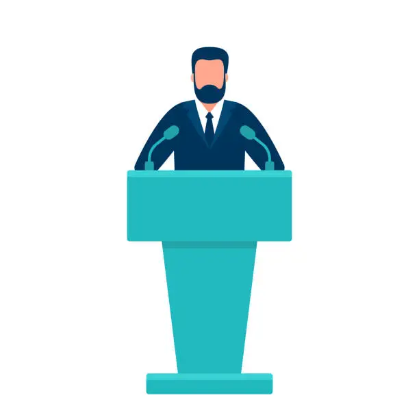 Vector illustration of Man in conference suit on podium, tribune. Speech by people leader, businessman, head, teacher. Presidential debate, political elections. Vector illustration