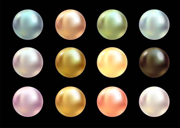 Realistic varicoloured pearls vector set on black background. Precious pearl in sphere form. Pearl is luxury glossy stone illustration vector art illustration