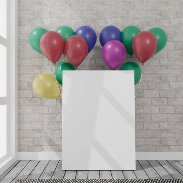 istock Canvas with some balloons in a daylight room. 3D rendering mockup. 3d illustration.Party concept 1256675227
