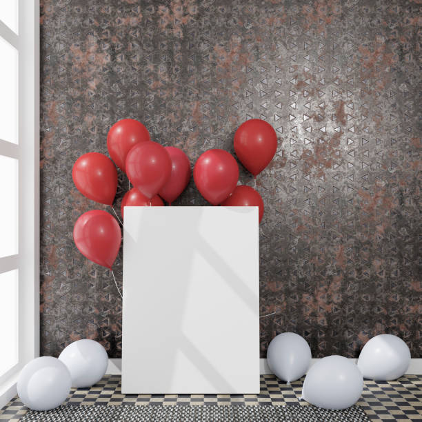 istock Canvas with some balloons in a daylight room. 3D rendering mockup. 3d illustration.Party concept 1256675238