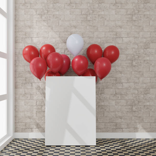 istock Canvas with some balloons in a daylight room. 3D rendering mockup. 3d illustration.Party concept 1256675239