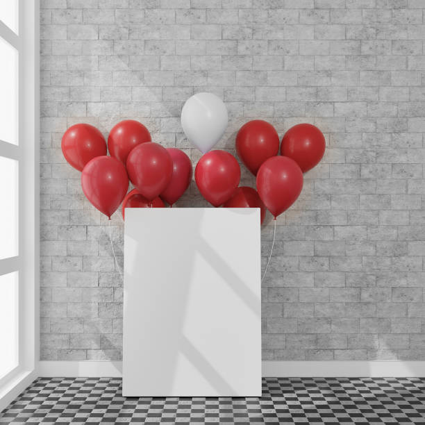 istock Canvas with some balloons in a daylight room. 3D rendering mockup. 3d illustration.Party concept 1256675270