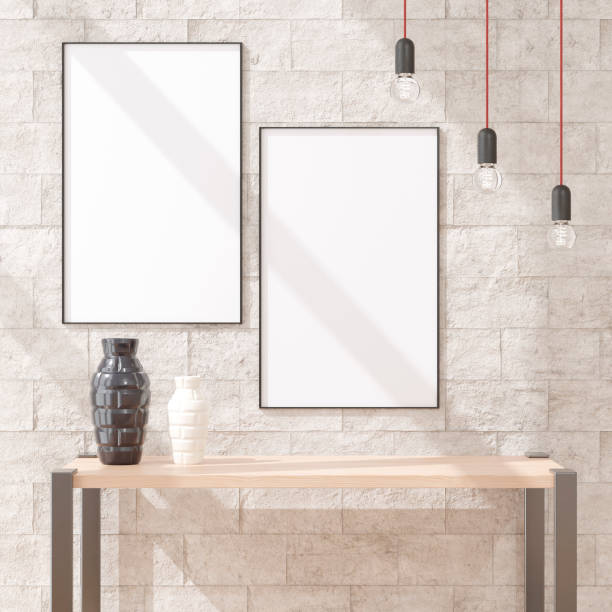 istock Mockup poster frame in living room interior background, Scandinavian style, 3D render, 3D illustration 1256675292