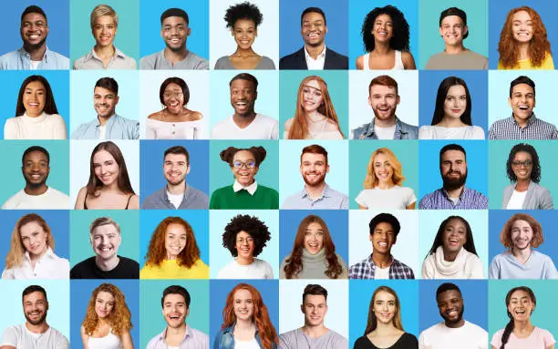 Photo of Composite Picture Of Diverse People Expressing Happiness Over Blue Backgrounds