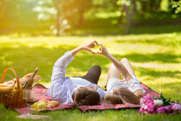 istock Affectionate couple making heart with hands during picnic at park in summertime 1256675876