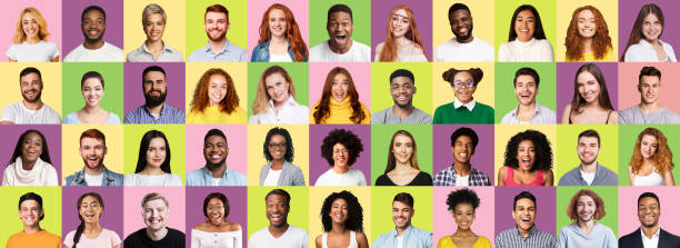 istock Mosaic Of Multicultural People Faces Smiling Over Colorful Studio Backgrounds 1256677158