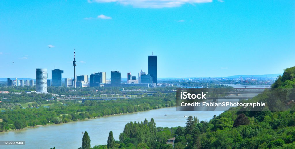 Panoramic view over Vienna with Danube and VIC Panoramaview over Vienna with Danube and VIC (Vienna International center) - Uno city complex UNO City Complex Stock Photo
