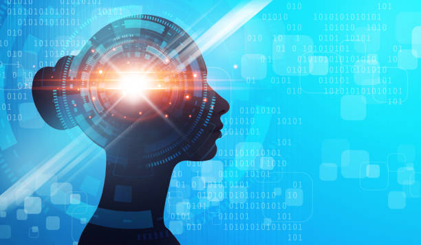 istock Side view of woman with abstract digital brain 1256678217