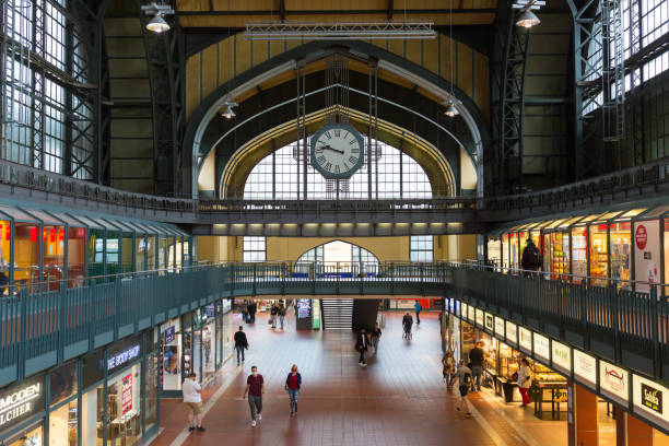 Hamburg, Germany - June 19, 2020: View inside Hamburg Hauptbahnhof - the central train station. Most frequented german long distance train station.