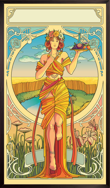 Art Nouveau Poster. modern style Beautiful woman, symbol of summer and fertility vintage women stock illustrations