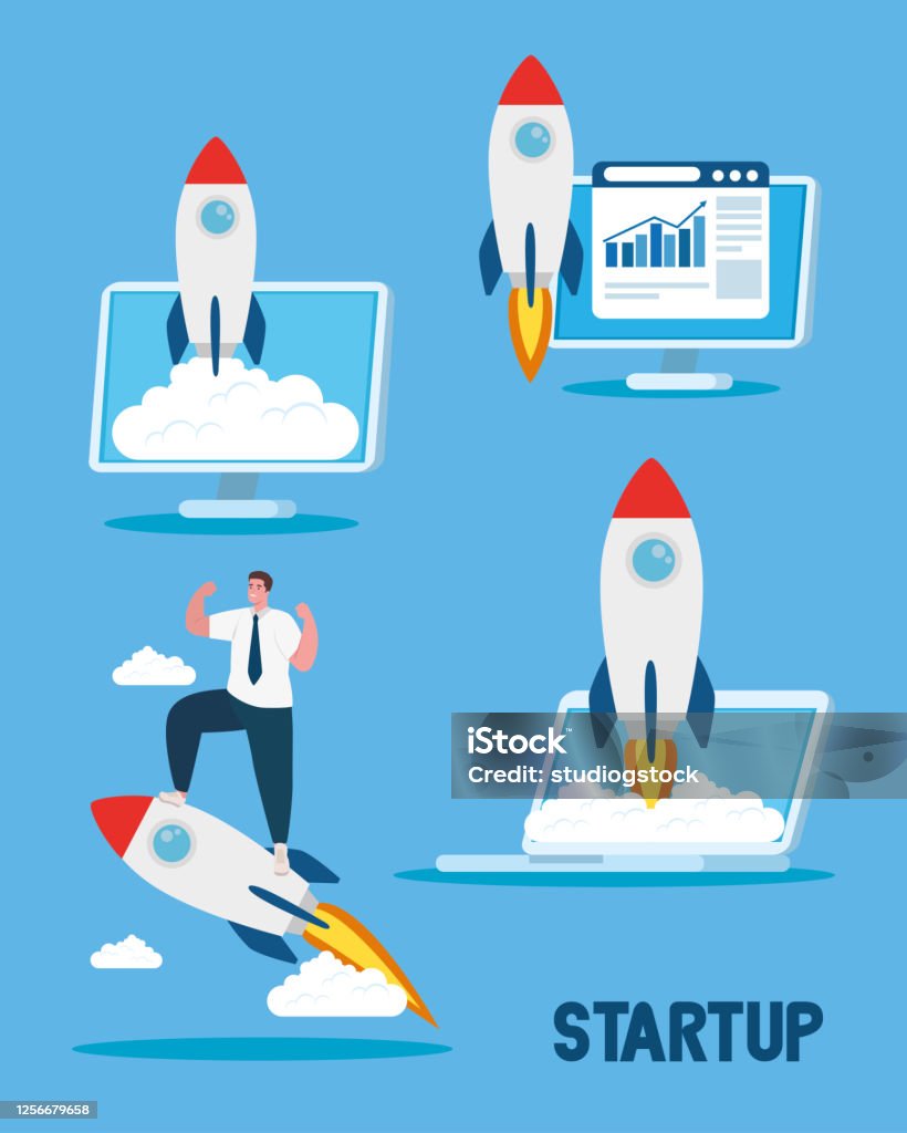 Start Up Rockets Start Up Rockets In Laptop Computer And Man Vector Design Stock ...