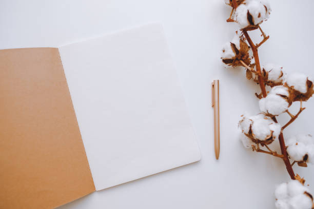 istock Notebook with a blank white paper on a white background, with a cotton branch 1256679897