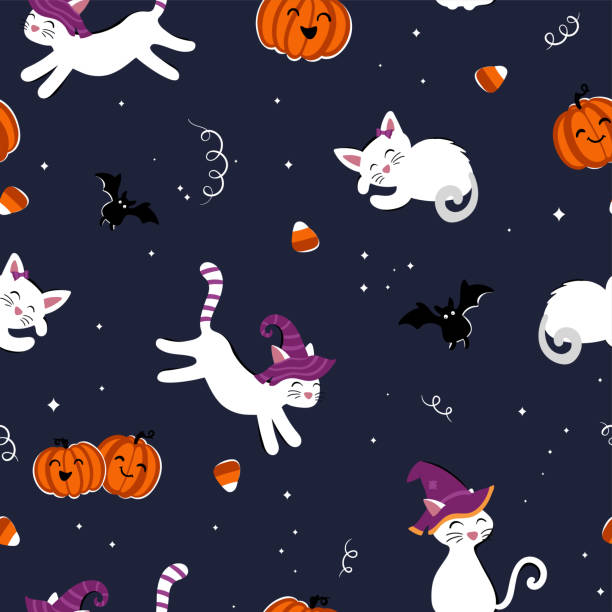 Cute hand drawn halloween seamless pattern with cats and candy, fun background, great for textiles, banners, wallpaper, wrapping - vector design Cute hand drawn halloween seamless pattern with cats and candy, fun background, great for textiles, banners, wallpaper, wrapping - vector design black cat costume stock illustrations