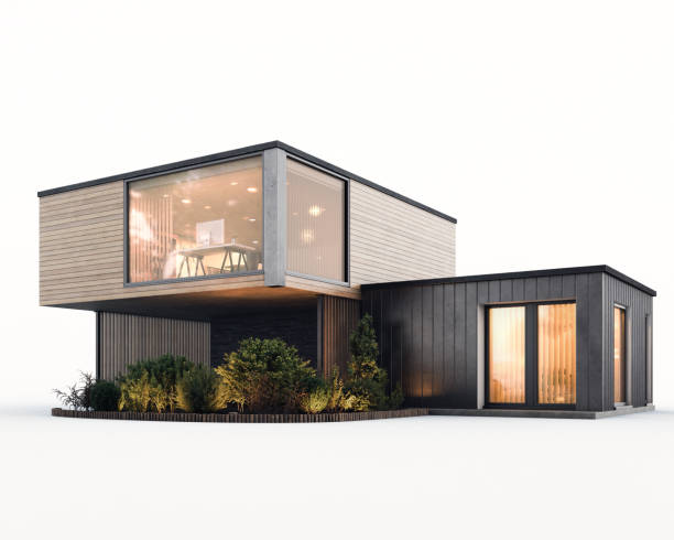 Digitally generated modern and minimalist family house/villa with garage and a terrace isolated over white background,\n\nThe scene was rendered with photorealistic shaders and lighting in Autodesk® 3ds Max 2020 with V-Ray 5 with some post-production added.