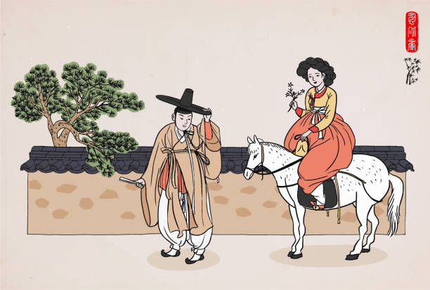 말을 타고 있는 젊은 여성과 돌담 옆에 서 있는 남자. 한국의 전통 옷을 입은 커플(한복). 손으로 그린 / 벡터 일러스트레이션. - korea stock illustrations