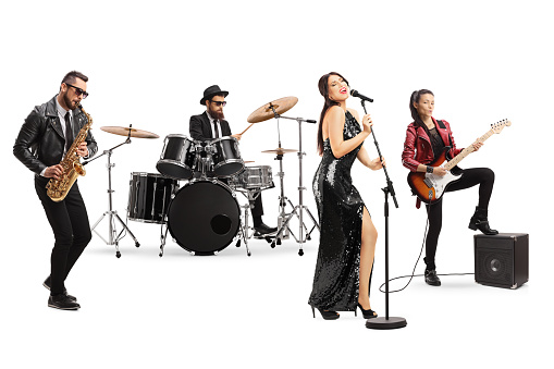 Music band with a female singer performing isolated on white background
