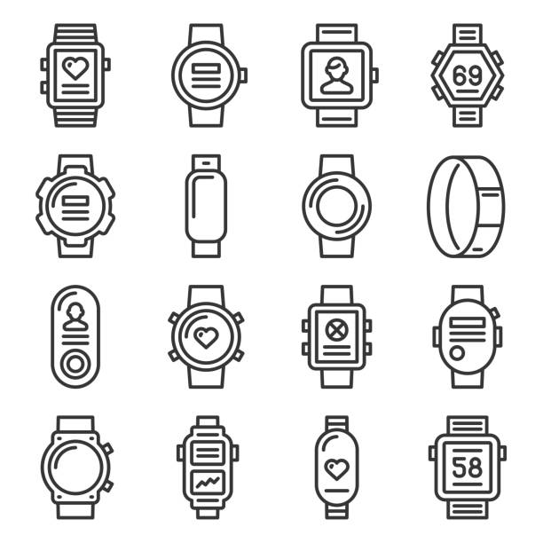 ilustraciones, imágenes clip art, dibujos animados e iconos de stock de iconos de pulsera de reloj inteligente y fitness configurados en fondo blanco. vector de estilo de línea - reloj de pulsera