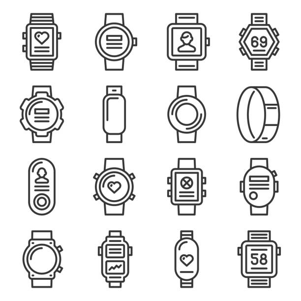 ilustrações, clipart, desenhos animados e ícones de ícones da pulseira de relógio inteligente e fitness definidos em fundo branco. vetor de estilo de linha - bracelet