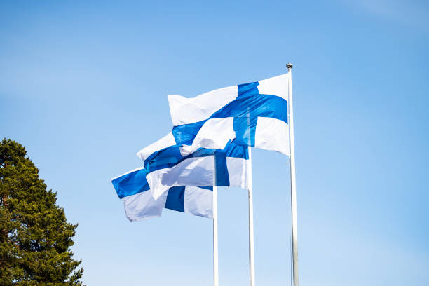 istock Finnish national flag on the wind against the blue sky 1256688081