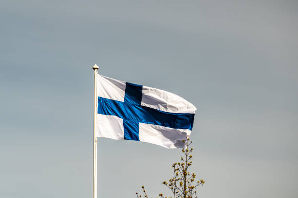 istock Finnish national flag on the wind against the blue sky 1256688122