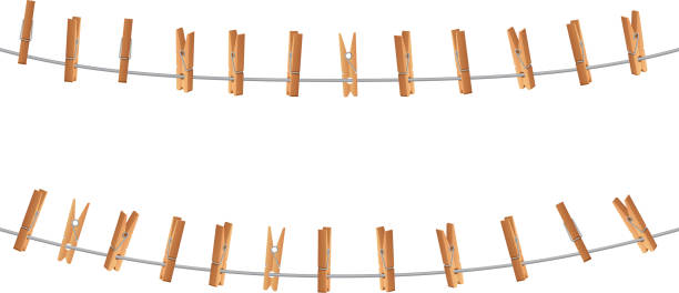 Wooden clips, clothespin on clothesline holding rope isolated. Laundry and housework vector concept Wooden clips, clothespin on clothesline holding rope isolated. Laundry and housework vector concept. Clip clamp wooden, hold clothespin on clothesline illustration clothespin stock illustrations
