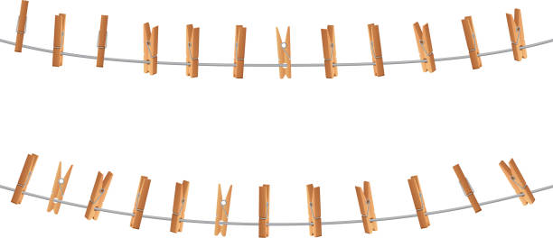 Wooden clips, clothespin on clothesline holding rope isolated. Laundry and housework vector concept Wooden clips, clothespin on clothesline holding rope isolated. Laundry and housework vector concept. Clip clamp wooden, hold clothespin on clothesline illustration clothespin wood stock illustrations