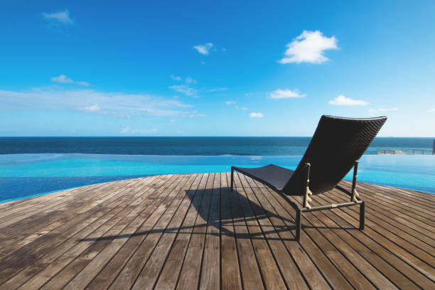istock Infinity pool with views of the sea and blue sky. 1256689968
