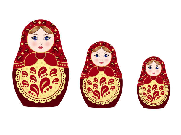 drei russische nistpuppen mattryoshka isoliert auf weißem hintergrund - russian nesting doll small group of objects wood doll stock-grafiken, -clipart, -cartoons und -symbole