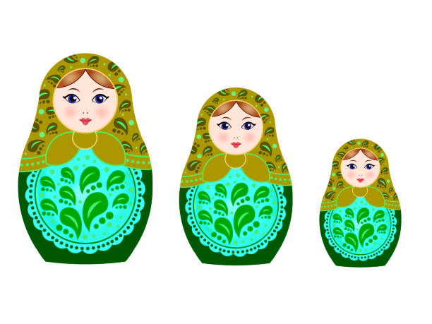 ilustraciones, imágenes clip art, dibujos animados e iconos de stock de tres muñecas de anidación rusas matryoshka aisladas sobre fondo blanco - babushka russian nesting doll doll green