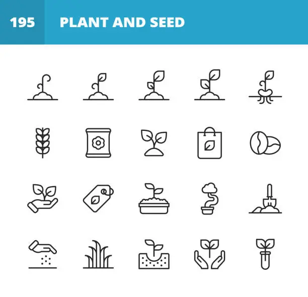 Vector illustration of Plant and Seed Line Icons. Editable Stroke. Pixel Perfect. For Mobile and Web. Contains such icons as Plant, Seed, Leaf, Tree, Ecology, Environment, Agriculture, Planting, Growing, Watering, Recycling, Fertilizer, Soil, Flower, Gardening, Flowerpot.