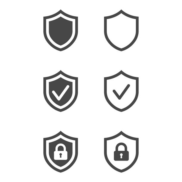 ilustraciones, imágenes clip art, dibujos animados e iconos de stock de escudo con icono de seguridad y marca de verificación aislado sobre fondo blanco. conjunto de iconos. ilustración vectorial. - shielding