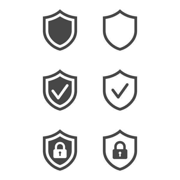 ilustrações de stock, clip art, desenhos animados e ícones de shield with security and check mark icon isolated on white background. set of icons. vector illustration. - escudo-armamento