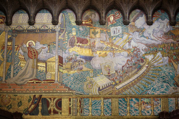 la bataille de lepanto. mosaïques murale exécutées par les ateliers de martin paris. basilique notre-dame de fourvière. lyon. rhône. auvergne-rhône-alpes. france. europe. - basilique notre dame de fourvière photos et images de collection