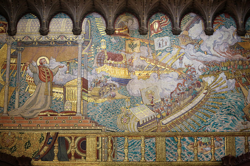 Europe. France. Auvergne-Rhône-Alpes. Rhône. Lyon. 08/27/2016. This colorful image depicts the Battle of Lepanto. Pope St. Pius V receives from God the vision of the victory of the Christian fleet over the Turkish fleet. Mosaics mural executed by workshops Martin of Paris. Basilica of Notre-Dame de Fourvière. It was built with private funds between 1872 and 1884 in a dominant position overlooking the city.