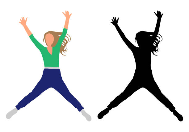 ilustrações de stock, clip art, desenhos animados e ícones de happy jumping girl, color and black silhouette. vector illustration - bar women silhouette child