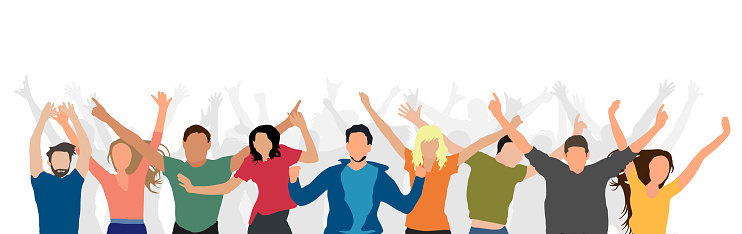 Cheerful crowd of people enjoy success, winning, victory, etc. Vector illustration. Applied clipping mask